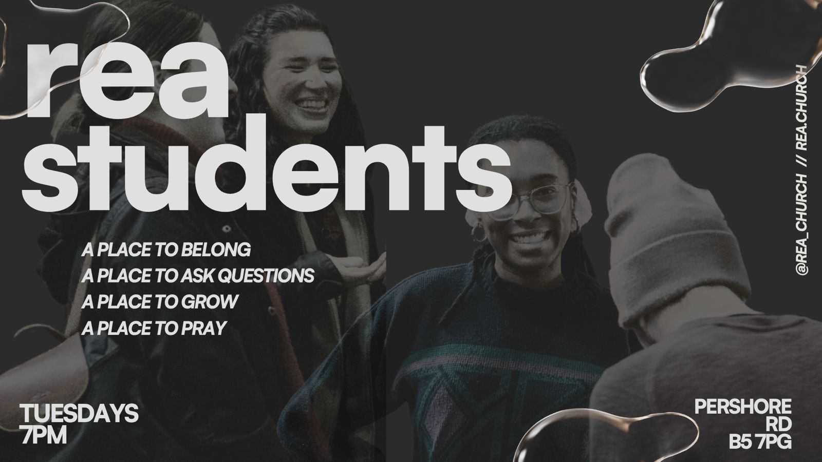 Rea Students - a place to belong, ask questions, grow and pray. Tuesdays 7pm, Pershore Rd B5 7PG